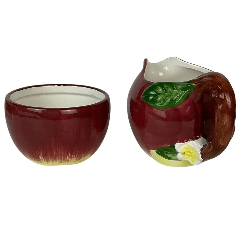 Vintage Hand Painted Apple Distinctive Design MR Ceramic Creamer Sugar Bowl Set